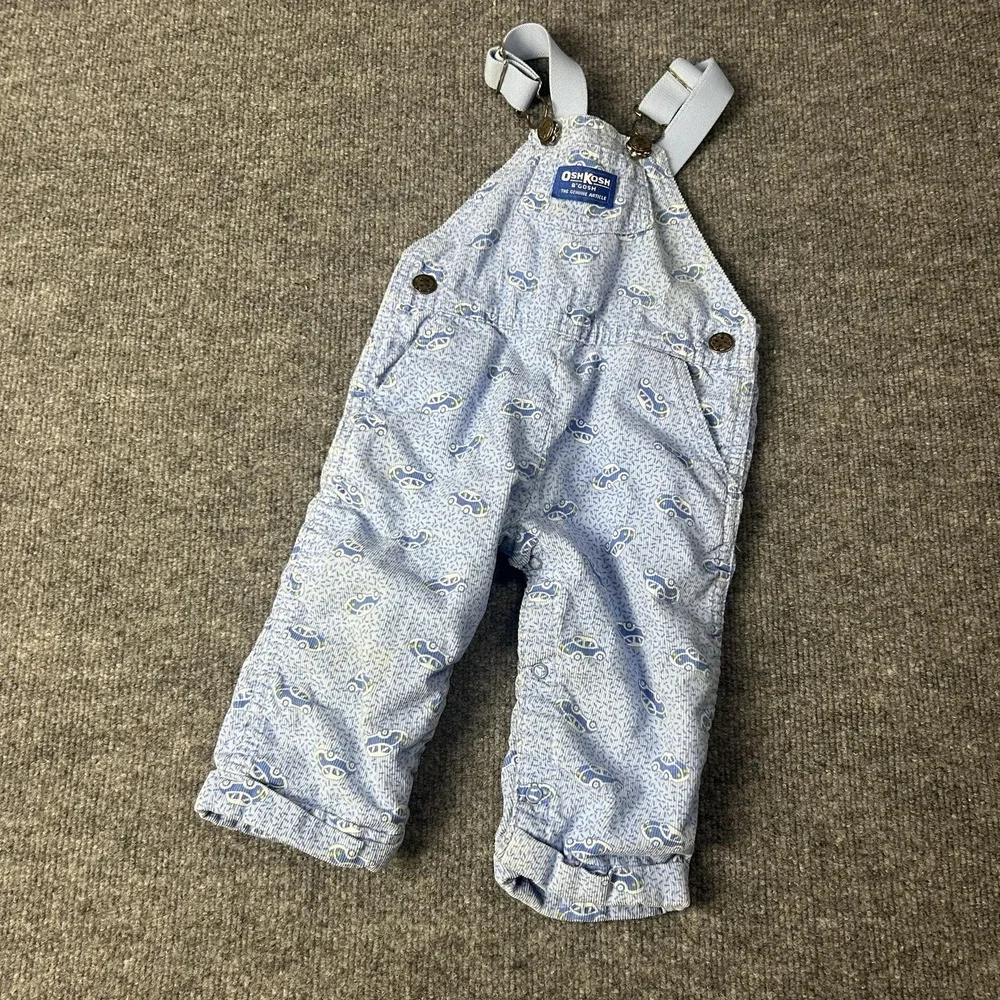 Vintage OshKosh B'gosh Overall Boys 12-18 Months Blue Car Print Seersucker USA